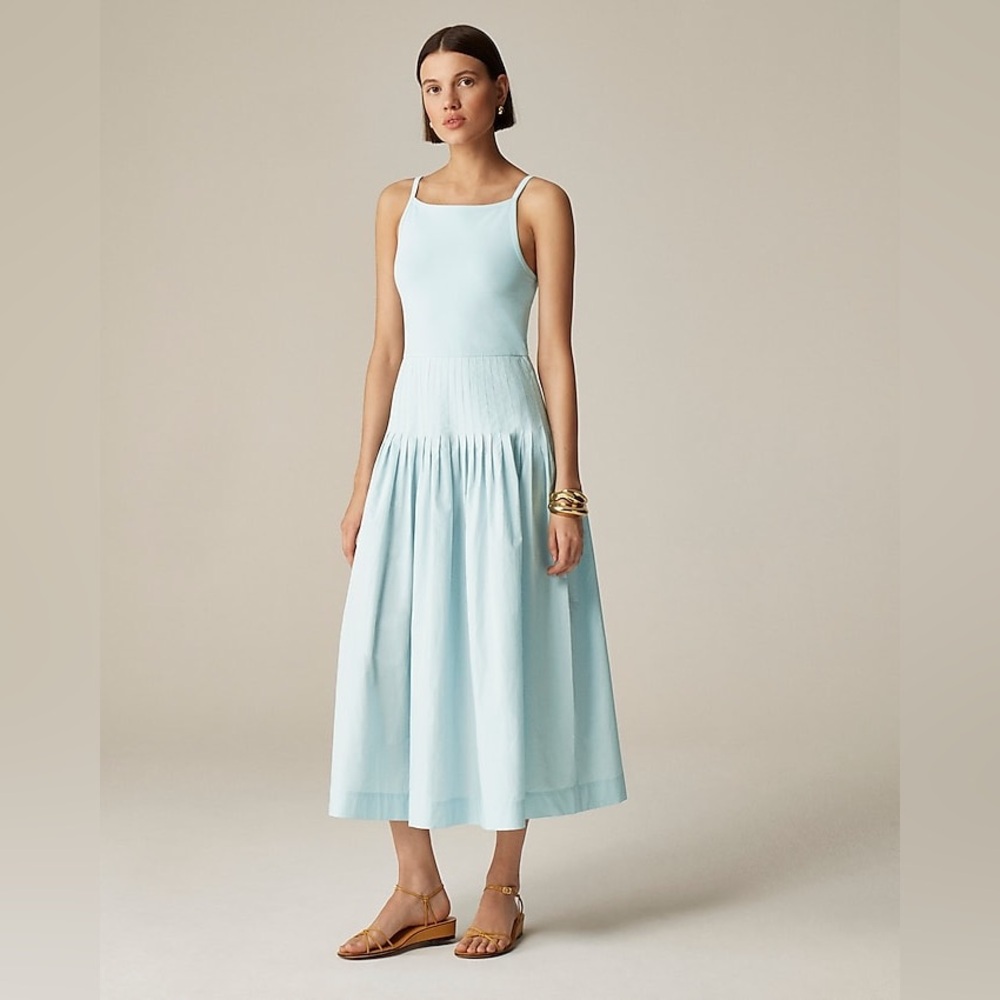 NWT J.Crew Pintuck mixy dress Large Edgewater Light Blue Preppy Midi Flowy